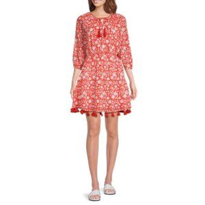 Mer St. Barth 'Solange' Floral Tassel Coverup Mini-Dress, Coral/White